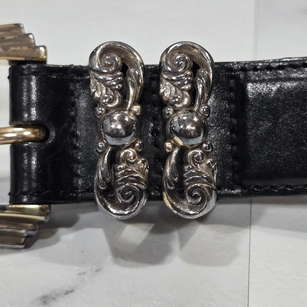 Vintage Brighton Woven Leather Belt Womens 34 Black Silver Ornate Buckle 97083
